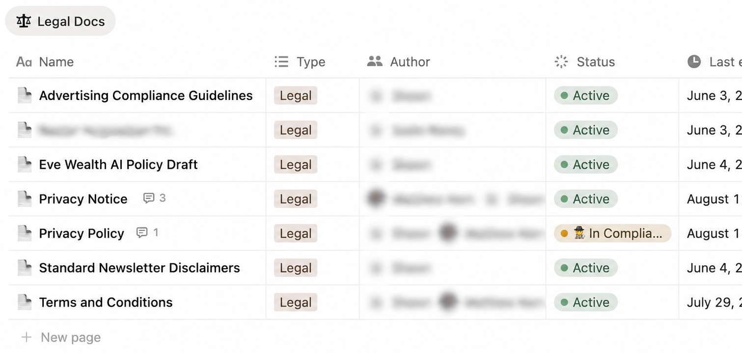 Notion Legal Library database listing approved language, disclaimers, guidance notes, and decision history.