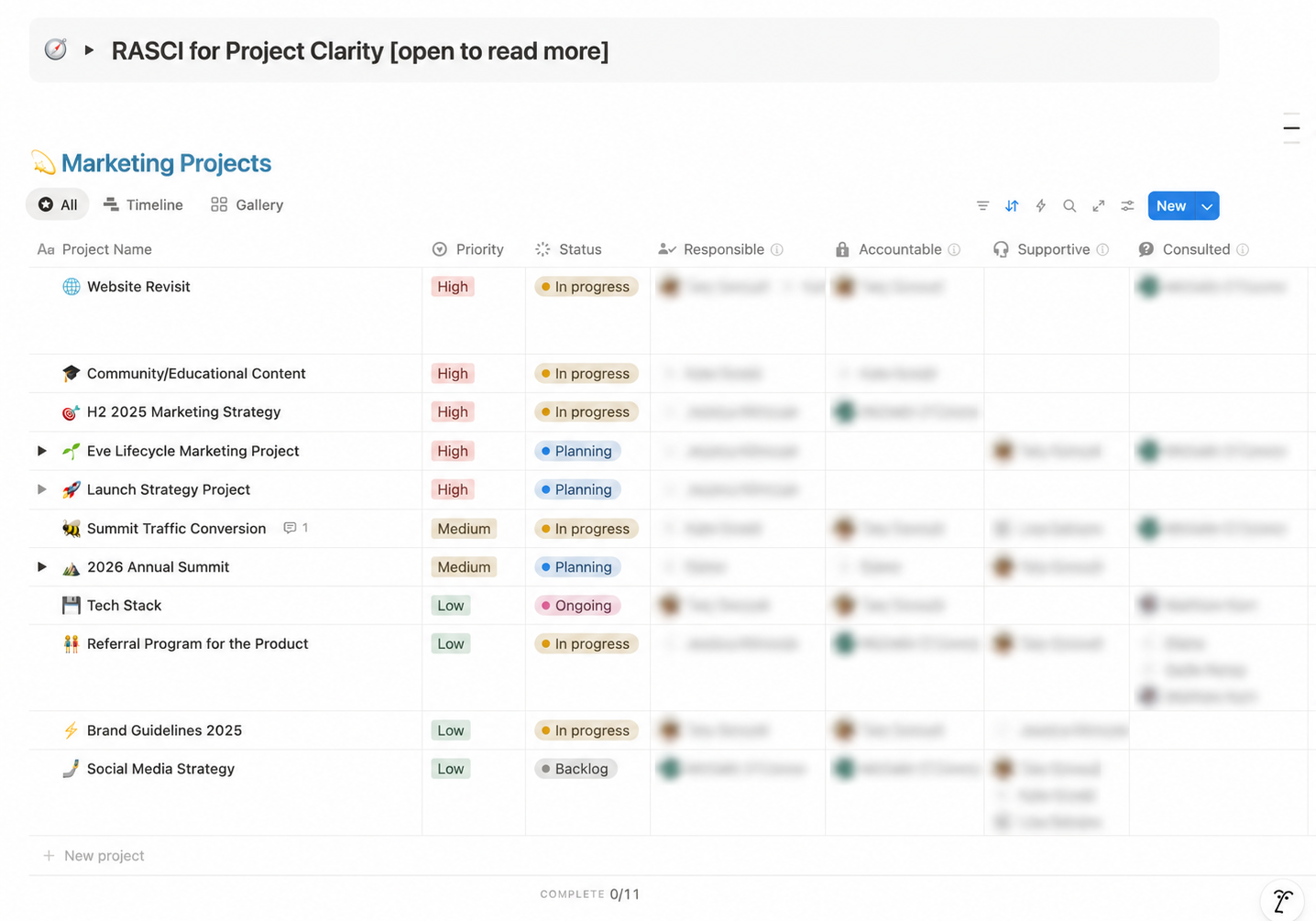 Notion RASCI database showing projects with responsible, accountable, and consulted owners per workstream.